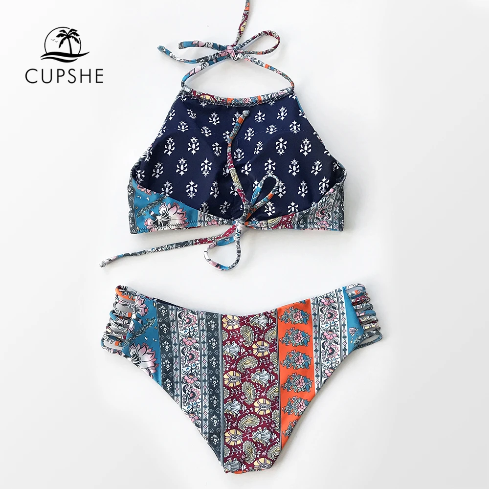 Комплект бикини CUPSHE в стиле бохо с низкой талией и синим принтом сексуальный