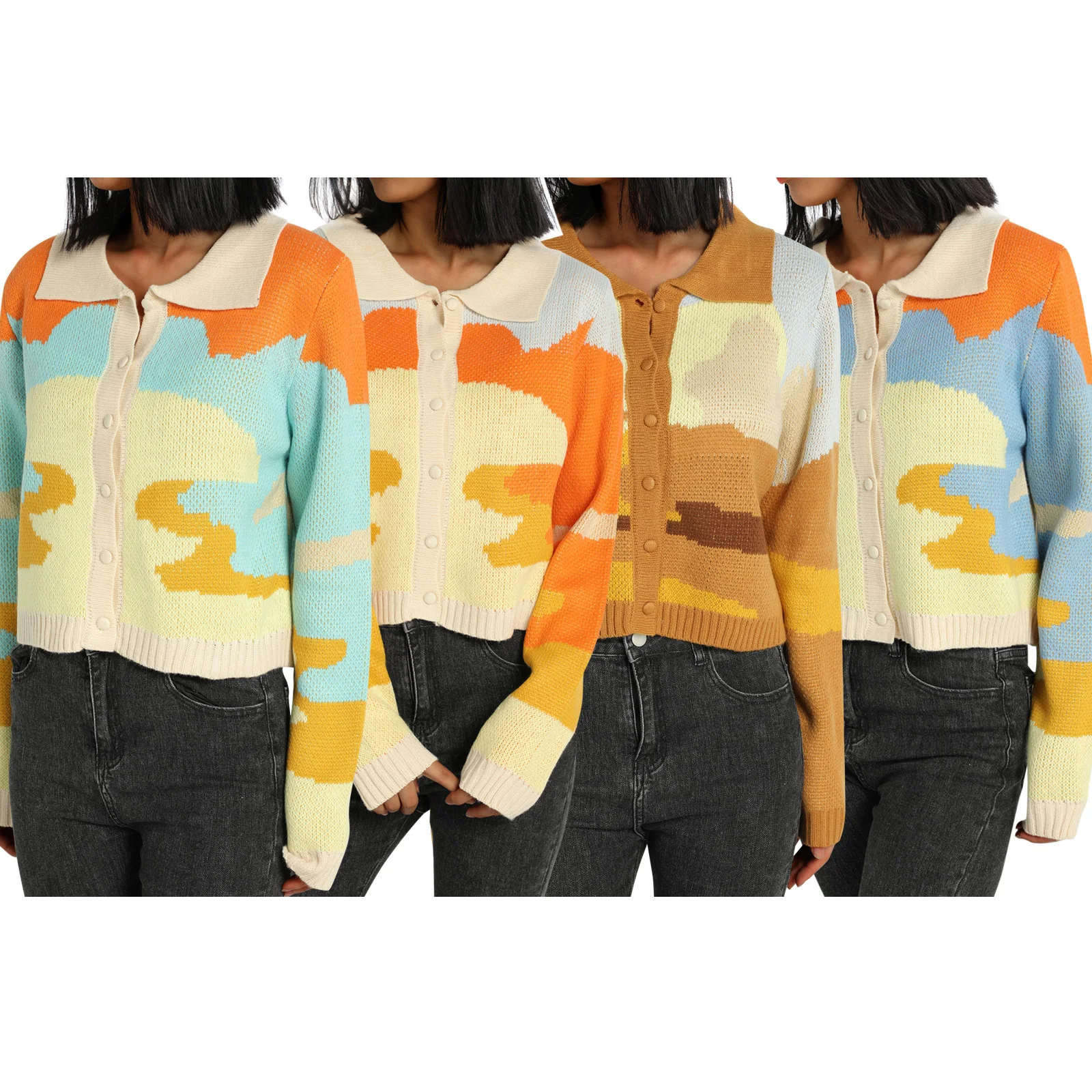 

2021 Women's Fashion Button Down Sweater Tops, Casual Long Sleeve Color Block Knitted Lapel T-Shirts