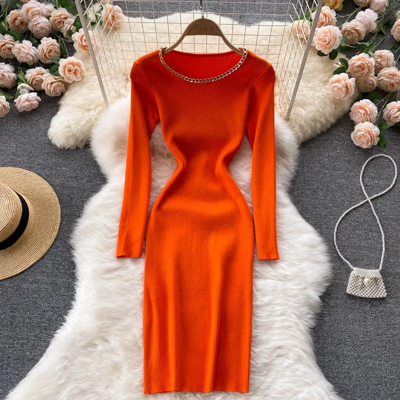 

Autumn Winter Metal Chain Long Sweater Dress Women Pink Bodycon Thick Female Jumper O-neck Slim Basic Knit Dress Long Sleeve New