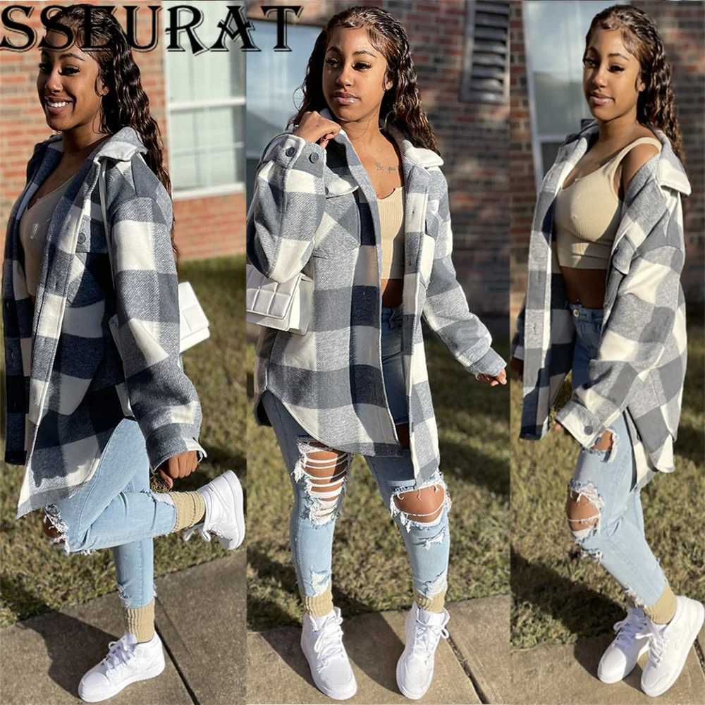 

SSEURAT Autumn Plaid Jacket Women Overshirt Long Checkered Jacket Woman Female Long Sleeve Winter Shirt Jackets Coats