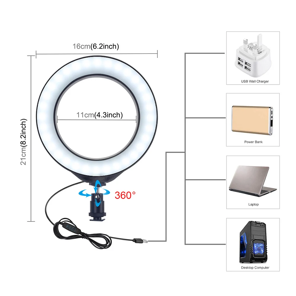 Светильник для фотосъемки ing с usb кабелем селфи кольцевой светильник подставкой
