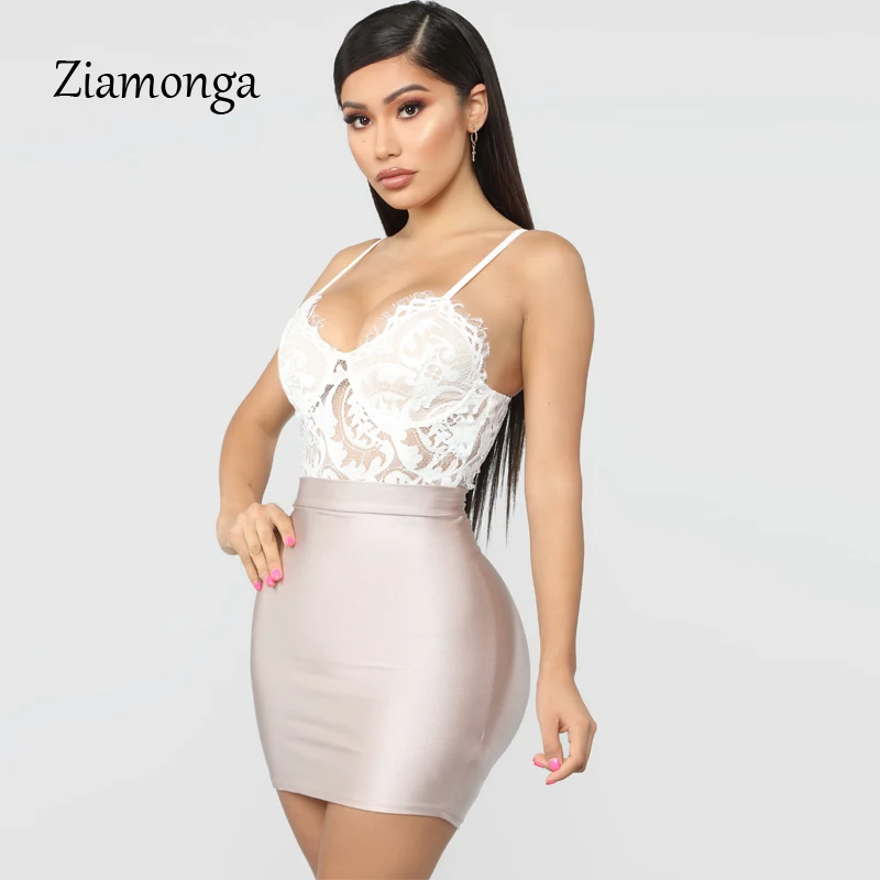 Ziamonga Sheer Lace Bodysuit Women Sexy Spaghetti Strap V-Neck Push Up See Through Jumpsuit Women Lace Bodysuits Summer New