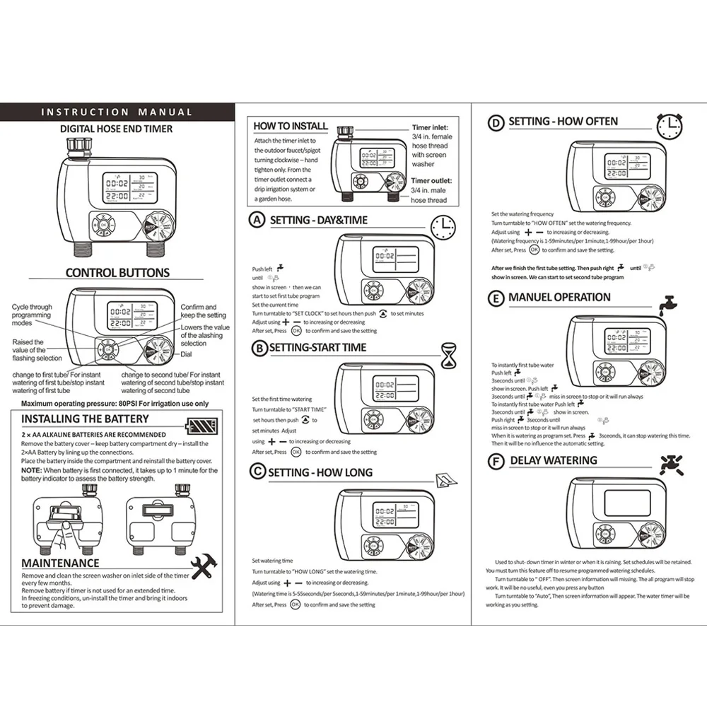 

Digital Hose Faucet Timer Outdoor Automatic Watering Sprinkler System Irrigation Controller with 2 Outlet for Garden Plants