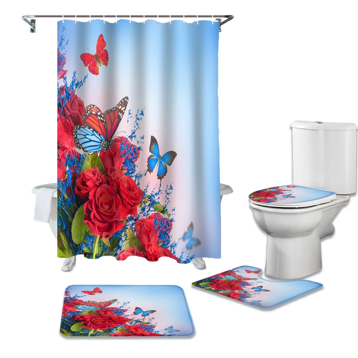 Цветы Лепестки красные синие крылья летают занавески для душа водонепроницаемый