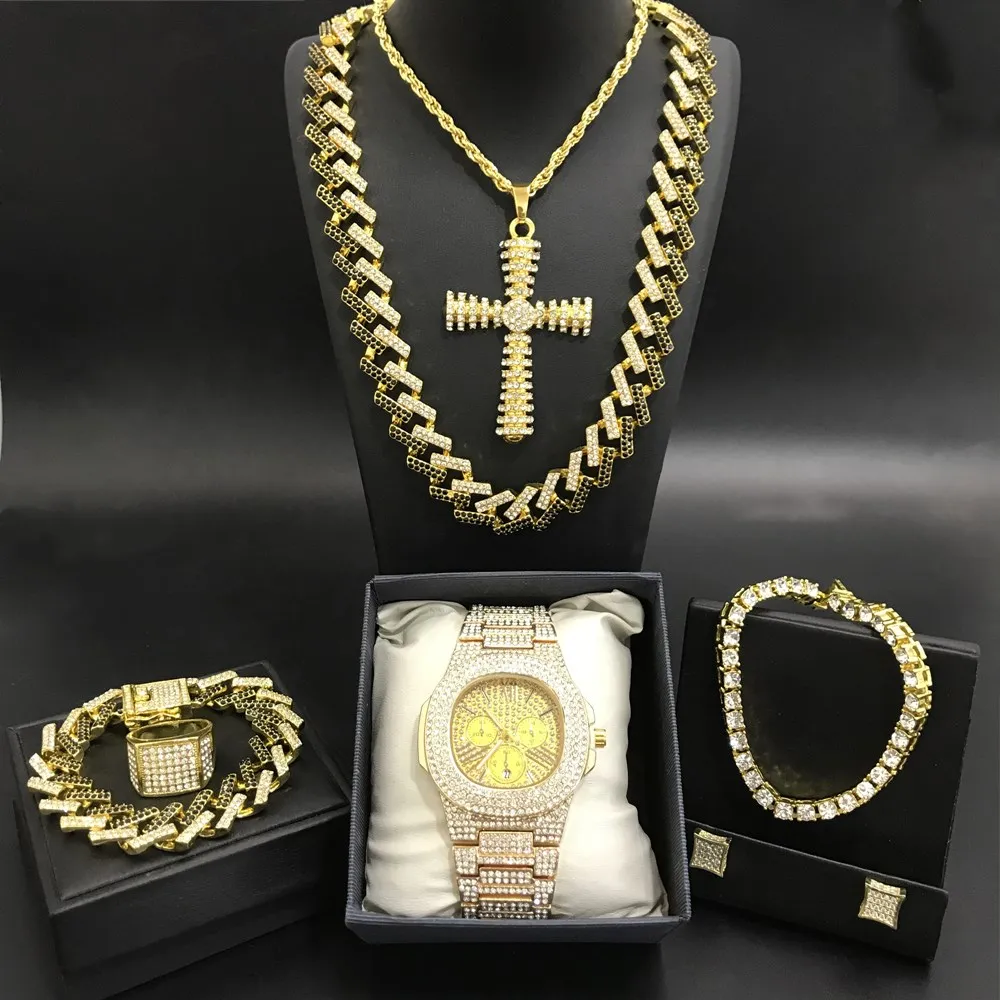 

Luxury Men Gold Color Watch & Necklace & Braclete & Earrings & Ring Combo Ice Out Cuban Jewerly Crystal Miami Hip Hop For Men