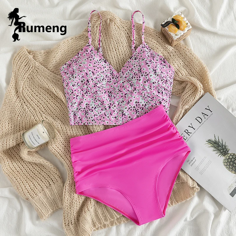 

RUMENG 2022 New Black Blue Pink Green Print Bikini set High Waist Sexy Swimsuit Split body Women Swimwear