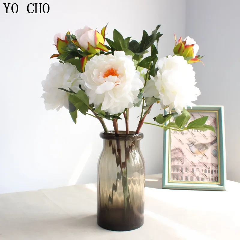 

YO CHO Short Artificial Peony Silk Flower Branch 1 Head 1 Bud Wedding Fake Flower for Home Christmas Decoration White Faux Flore