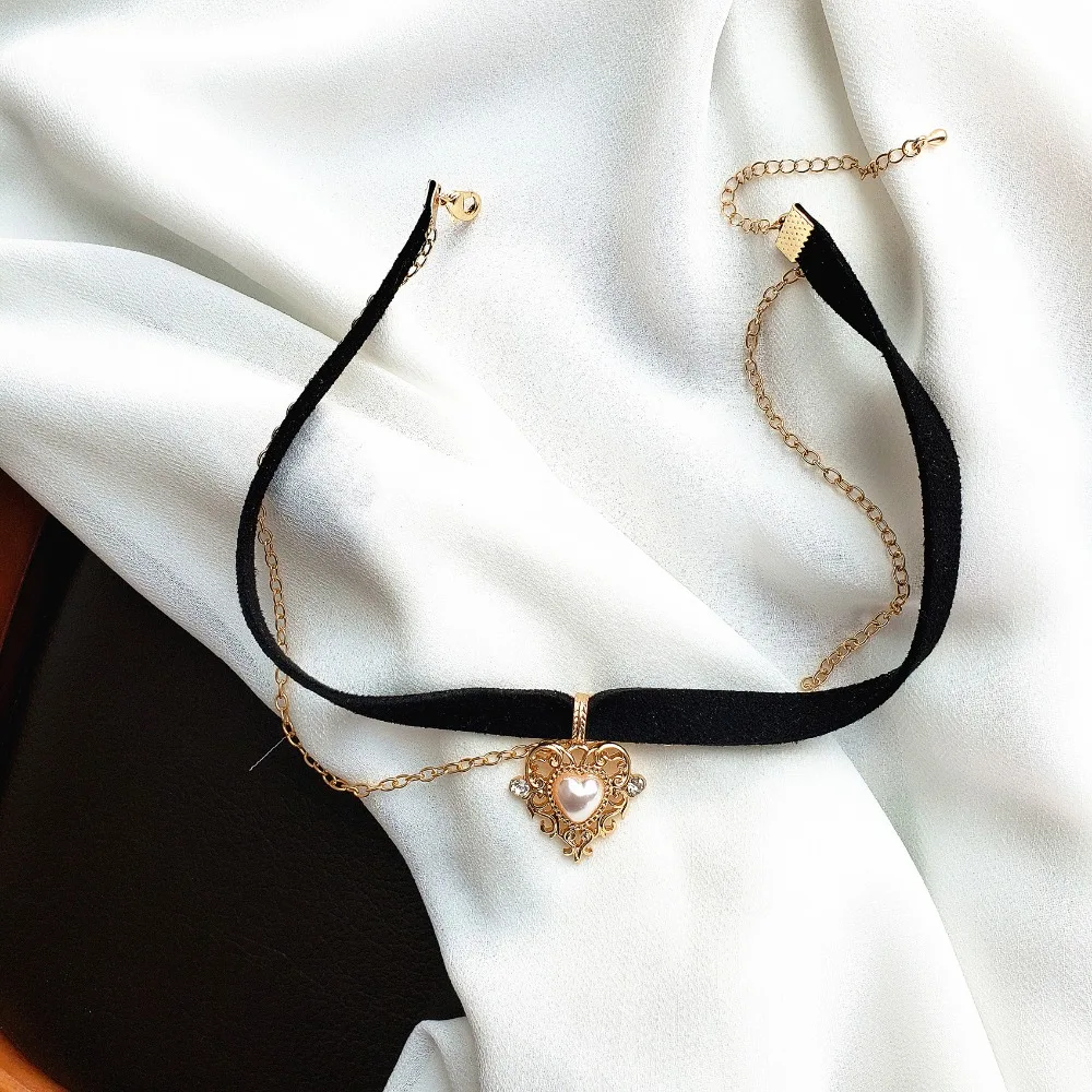 Новинка, винтажное бархатное черное колье, подвеска в виде сердца, имитация жемчуга, короткая цепочка, ожерелье для женщин, девушек, подарки, вечерние