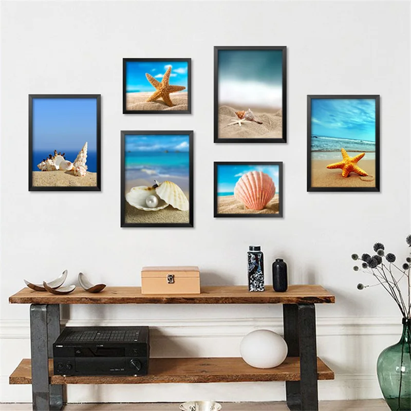 Mediterranean Beach Landscape Starfish Seashells Conch Crab Canvas Painting Wall Frameless Picture Poster Living Room Decoration |