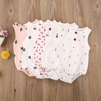 

Baby Romper Cotton Sleeveless Loose Button Closure Pattern Jumpsuit Romper