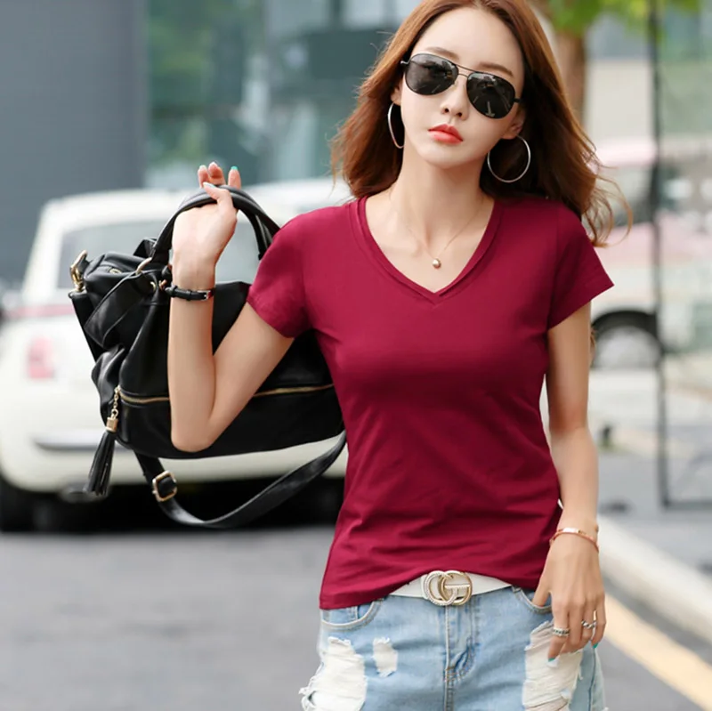 

VogorSean 100% хлопок женская футболка с V-образным вырезом Лето 2020 с коротким рукавом размера плюс женская футболка топы тонкие