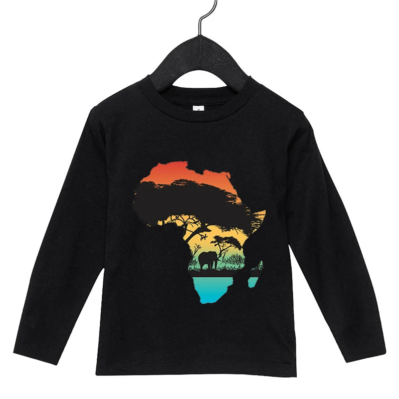 

Africa Map Graphic Tee Child Clothes New Tops Harajuku Boy Cotton Long Sleeve T-shirt Fashion Print T shirt Street Kids Clothing