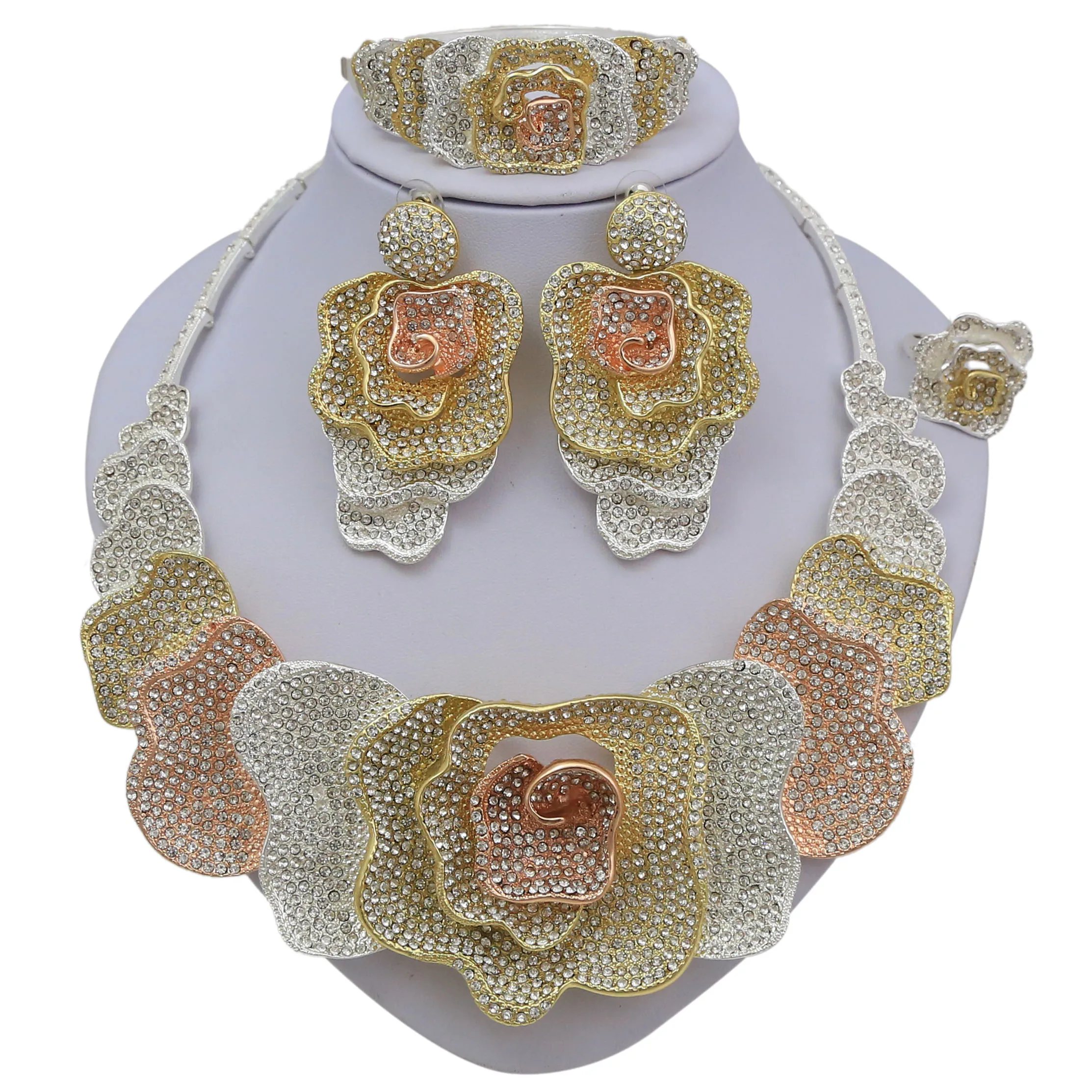 

Yulaili Dubai Gold Full Crystal Flowers Necklace Stud Earrings Bracelet Ring For Women Wedding Engagement Bridal Jewelry Sets
