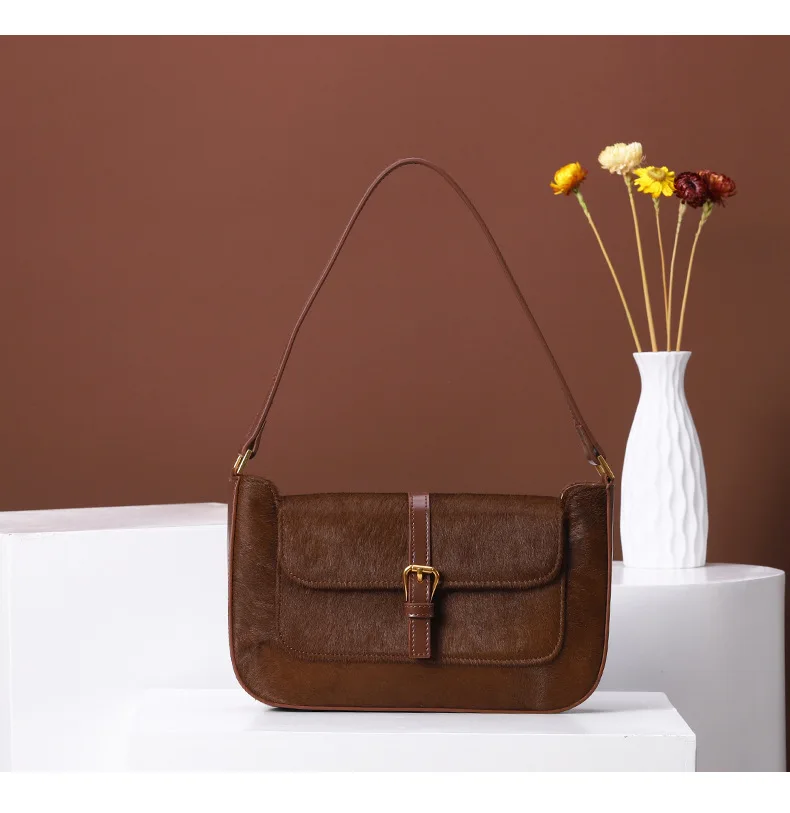 

High quality leather handbag 2021new green brown black horse hair shoulder bag underarm bag handbag small square bag French bag