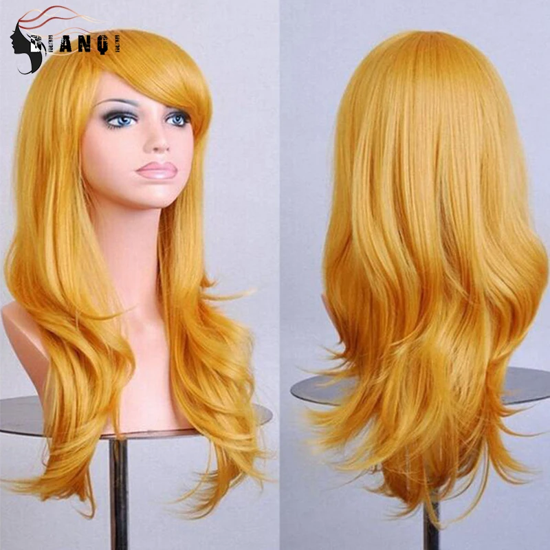 

DIANQI Synthetic Wigs Long Wavy With Bangs Natural Curly Hairs for Women Yellow Green Blue Pink White Brown Black Wig