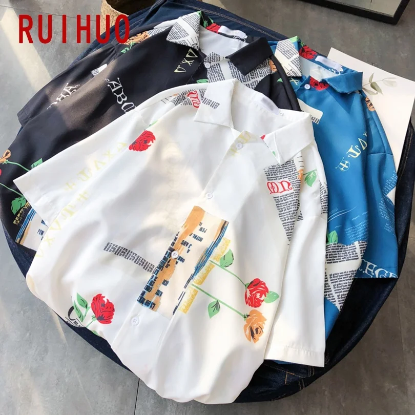 

RUIHUO Printed Casual Shirts For Men Clothing Harajuku White Shirt Men Streetwear Men Shirt Half Sleeve M-2XL 2021 New Arrival