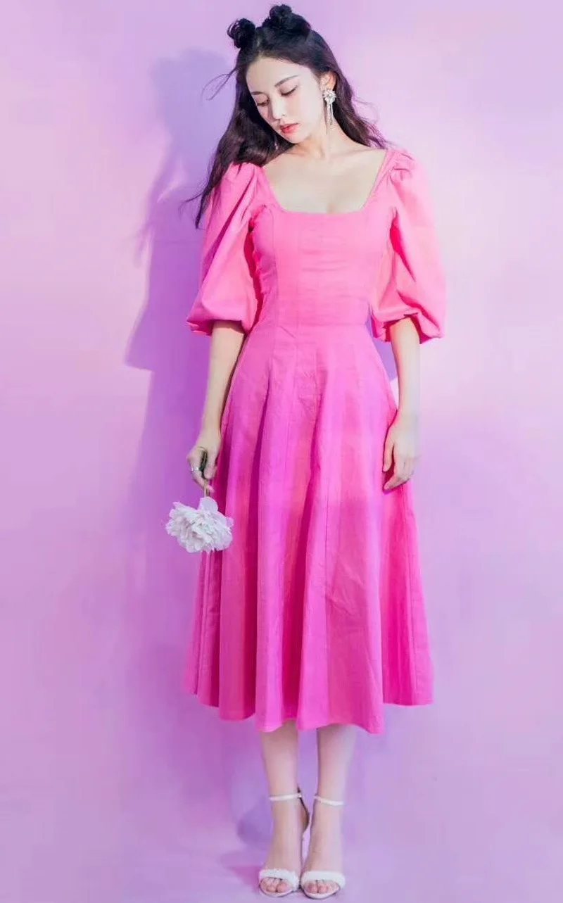 

New Korean Fashion Dress 2020 Autumn Style Ladies Sexy Square Collar Slim Fitted A-Line Mid-Calf Length Casual Sweet Pink Dress