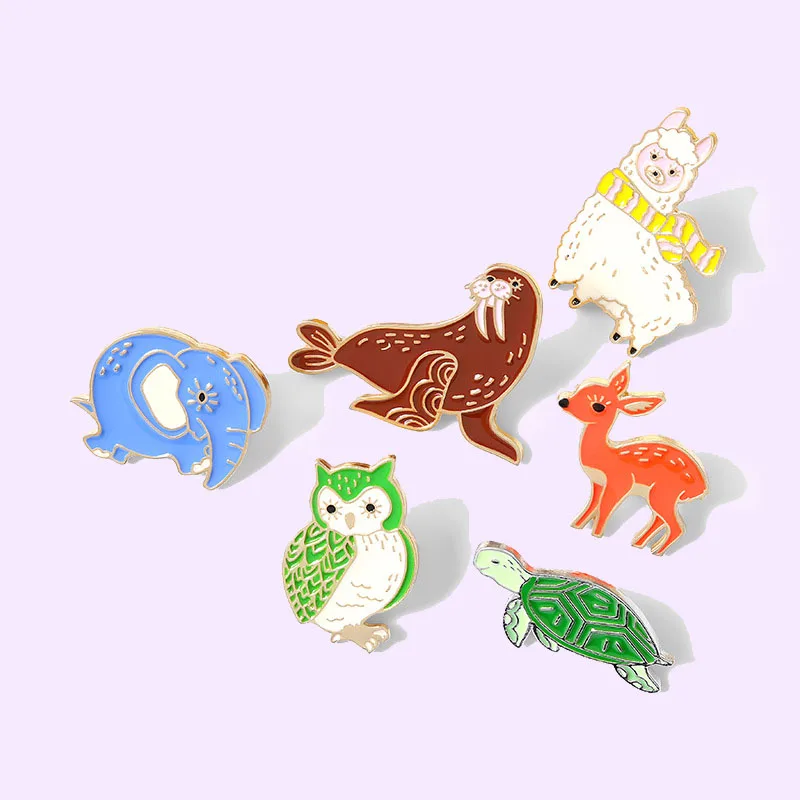 

2021 New Cartoon Sheep Sika Deer Turtle Owl Elephant Sea Lion Enamel Pendant Children Cute Marine Animal Badge Jewelry Gift