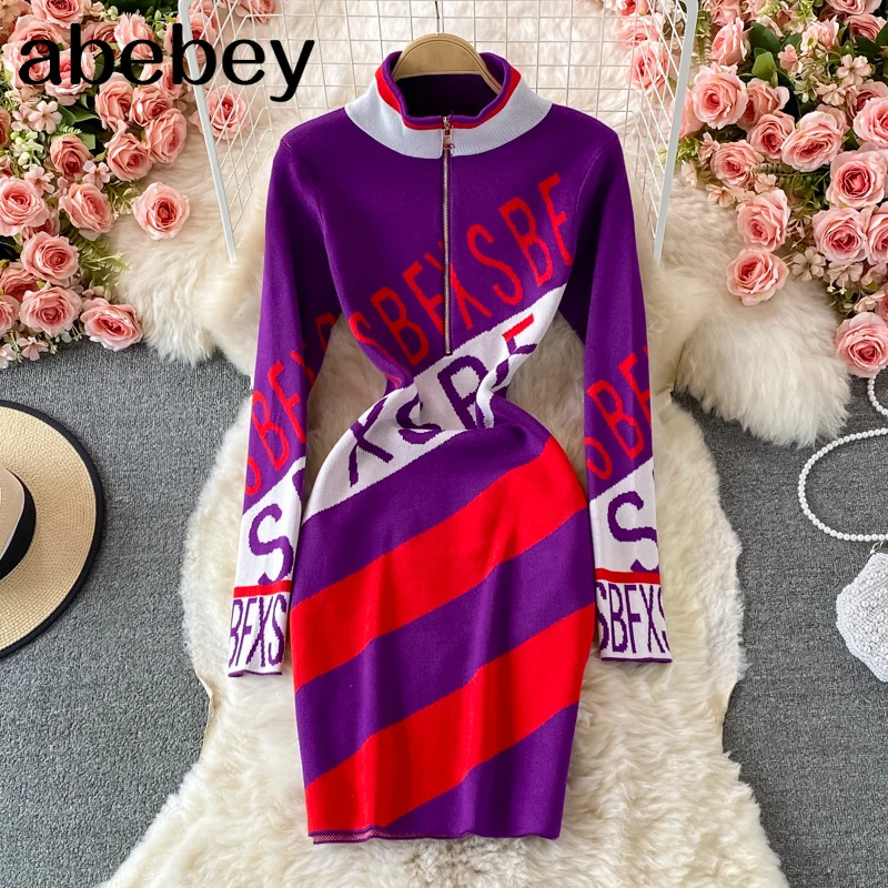 

Women Letter Print Knitted Dress Zipper Stand Collar Long Sleeve Slim Dresses Autumn Winter Sexy Bodycon Sweater Dress