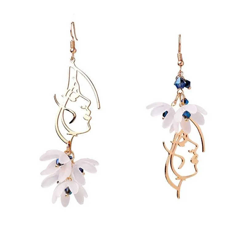 

Asymmetrical Drop Earrings for Women Friends Asthetic Flower Petal Long Dangle Earring Blue Cyrstal Gold Female Face Jewelry Set