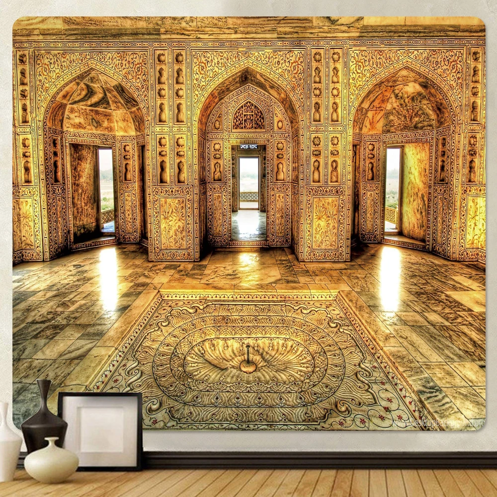 Golden Hall Psychedelic Scene Home Decoration Art Tapestry Hippie Bohemian Decoration Yoga Mat Living Room Bedroom Tapestry