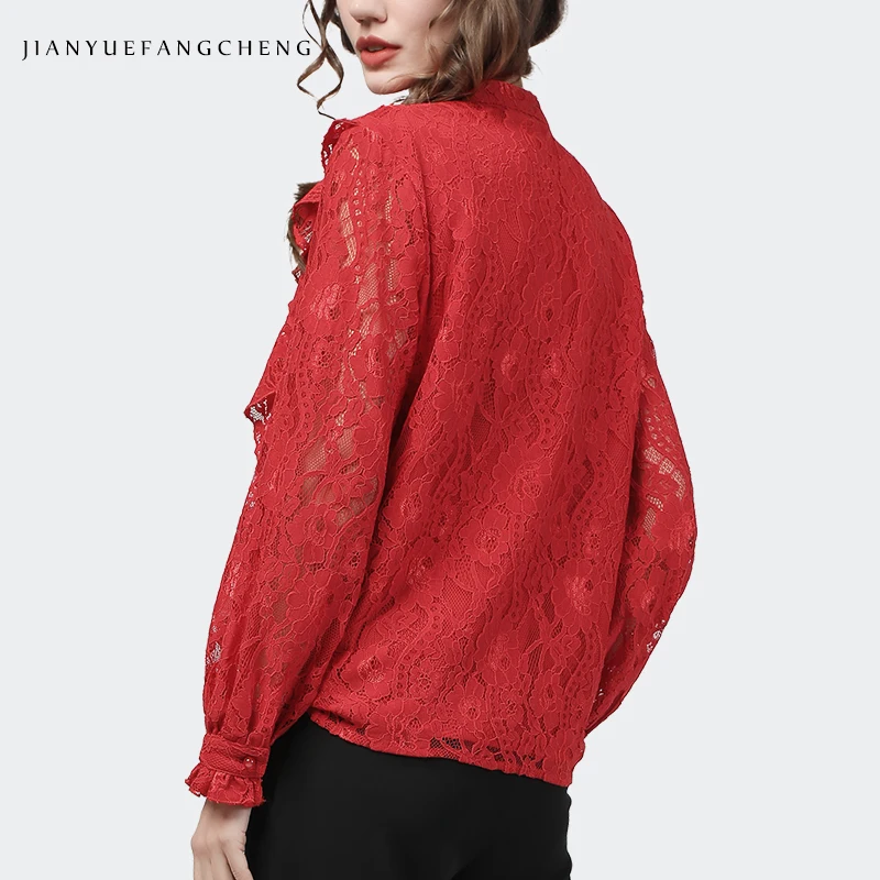 

Red Bottoming Shirt Women Fashion Winter Lace Tops Long Sleeve Outwear V-Neck Ruffles Hollow Out Casual Korean Blouses Plus Size