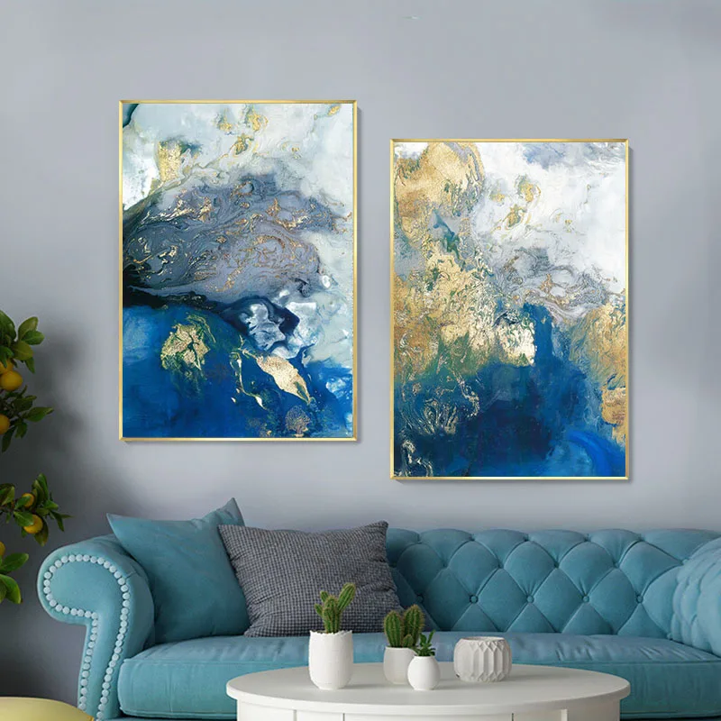 

Настенный постер синего и золотого цвета с современным абстрактным океаном, Скандинавская Картина на холсте, современное художественное у...