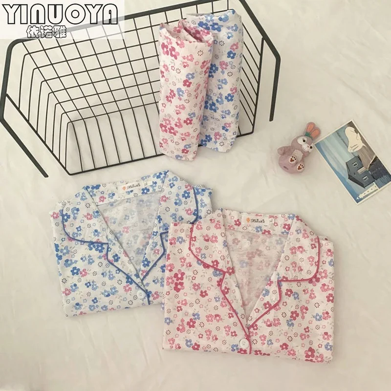 

QWEEK Women's Pajamas Korean Style Bear Pattern Floral Print Pyjamas Summer Lounge Sets Teen Girls Home Clothes Sleepwear Cute