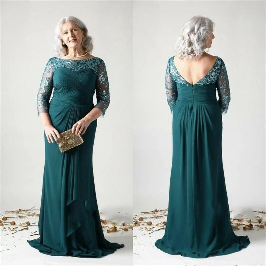 

Green 2021 Mother Of The Bride Dresses Lace Appliqued 3/4 Long Sleeve Evening Gowns Plus Size Sequined Wedding Guest Dress