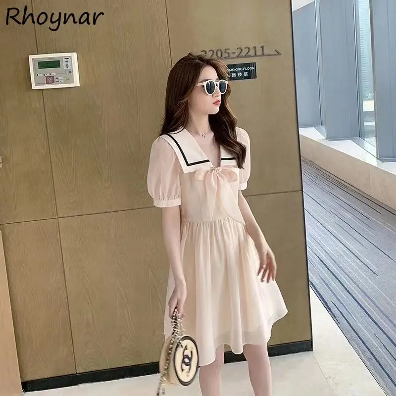 

Платье женское летнее с коротким рукавом и бантом, элегантный матросский воротник, удобная эстетика, винтажный Модный стиль, BF