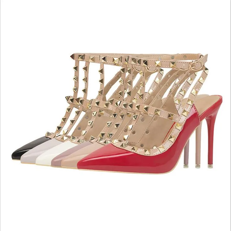 

2021 fashion Pumps shoes Sexy Pointed toe rivet women Shoes Thin Heels Hollow super High heel shoes mary jane shoes
