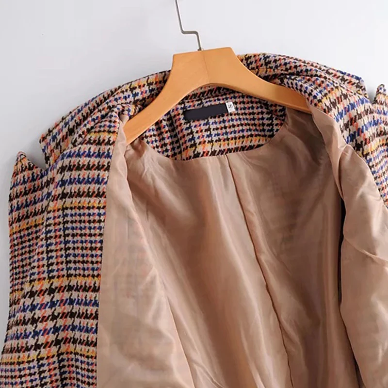 Женский твидовый пиджак в клетку Винтажный Длинный шерстяной с карманами теплая