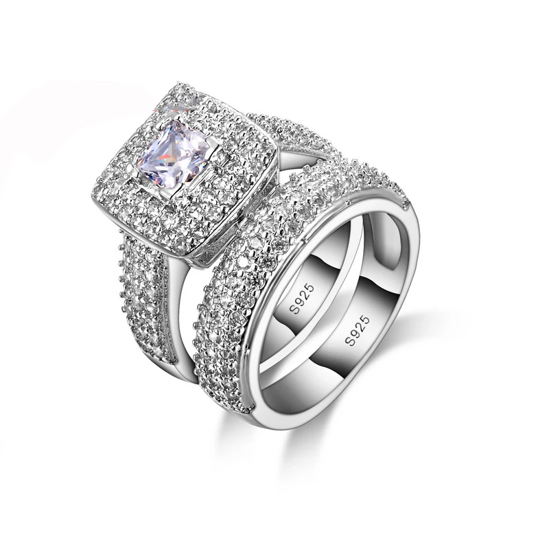 

Bling Bling CZ Crystal Bijoux Luxury 925 Sterling Silver Wedding Engagement Rings Sets Lady Ring Promise Jewelry Lovers Gift