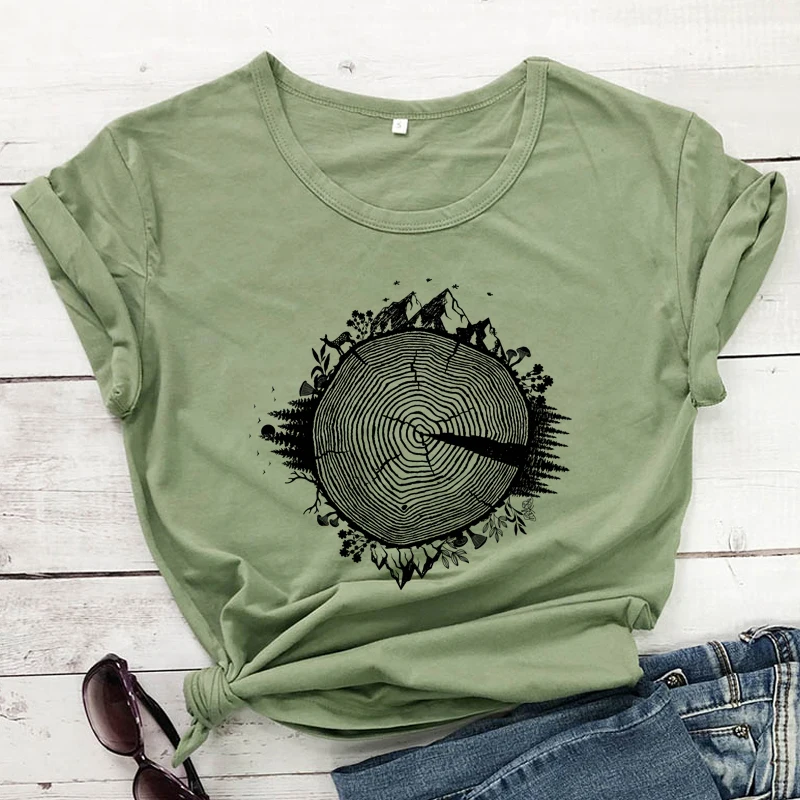 Hiking Tree Ring 100% Cotton T-shirt Aesthetic Hippie Wanderlust Top Tee Shirt Casual Women Short Sleeve Forest Mountains Tshirt