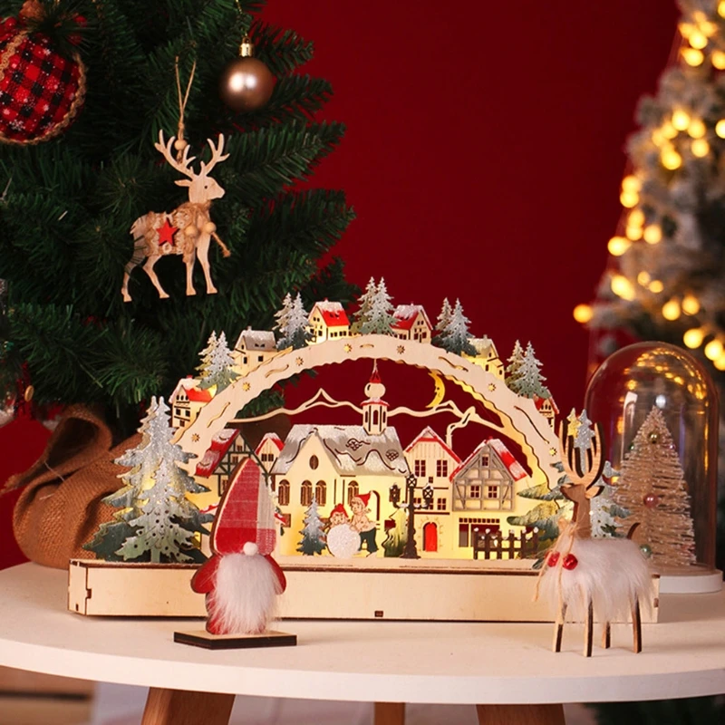 

Christmas decoration wooden house snow scene castle with light small house atmosphere scene layout table decorations window wood