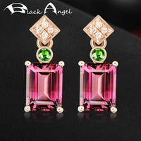 black angel 18k rose gold red pigeon blood rectangle pink tourmaline stud earrings for women fashion ornaments jewelry gift
