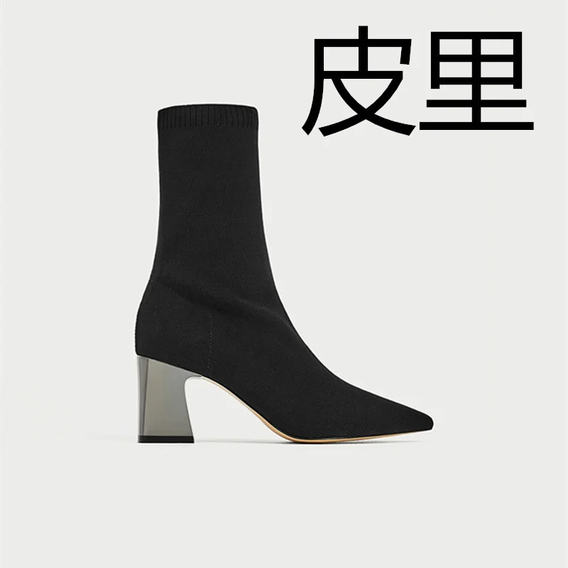 

Pointed high-heeled elastic boots, medium heeled sock boots, silver heel thick heeled women's boots, autumn and winter 2020 mid