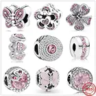 Новый 925 стерлингового серебра ярко-розового цвета с бабочками в форме сердца циркониевые Бусины Подходят оригинальный Пандора браслет из бисера для изготовления ювелирных изделий