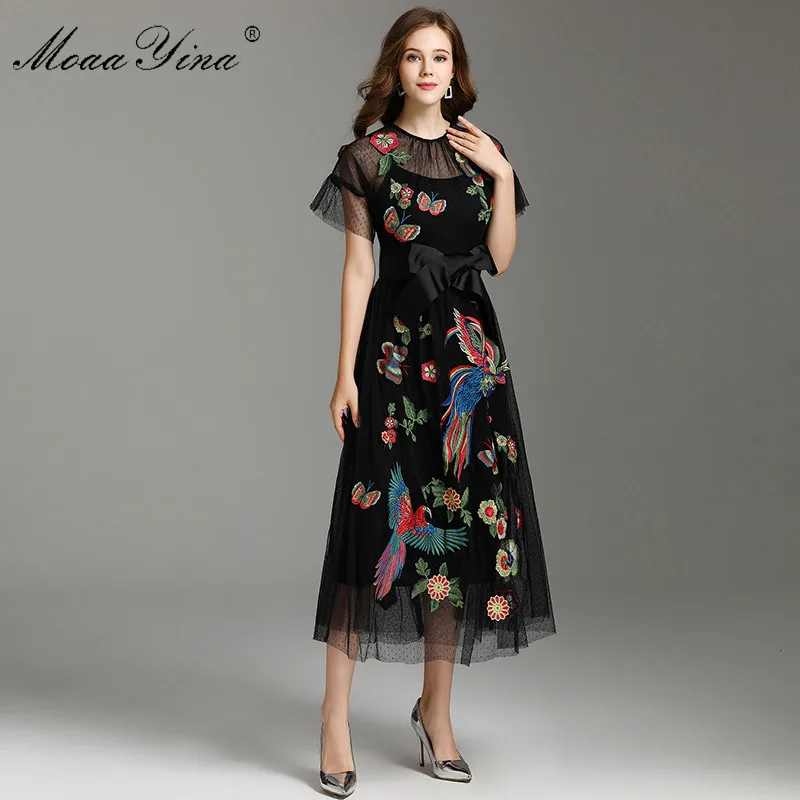 MoaaYina модное дизайнерское платье летнее женское короткий рукав сетка попугай