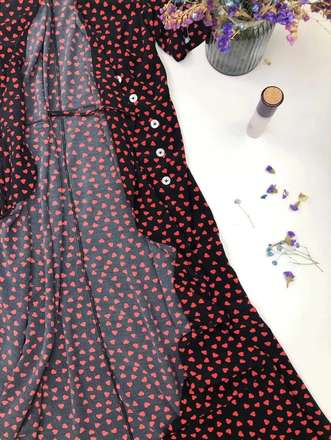 

New Summer Women Midi Dress French Tune One Piece Wrap Classic Medium ladies Long Dresses Short Sleeve Red Hearts printed