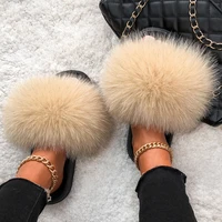 ethel anderson fluffy slippers real fox fur slides indoor flip flops casual shoes woman raccoon fur sandals vogue plush shoes