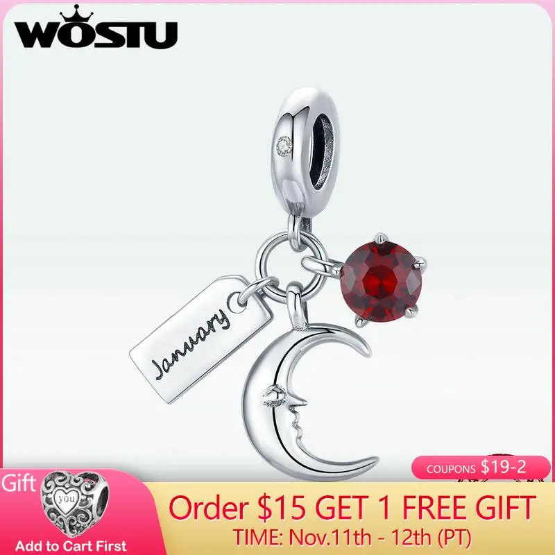 

WOSTU New Arrival January Birthstone Moon Pendant Beads 925 Sterling Silver Charms Fit DIY Bracelets Making Fine Jewelry DXC1719