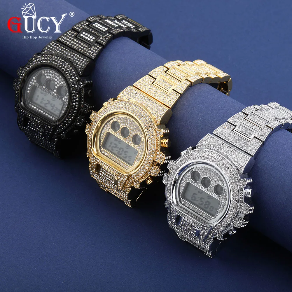 GUCY  Stainless Steel Digital Movt Watch Iced Out Lab Diamond Watch Hip Hop  Jewelry Gift