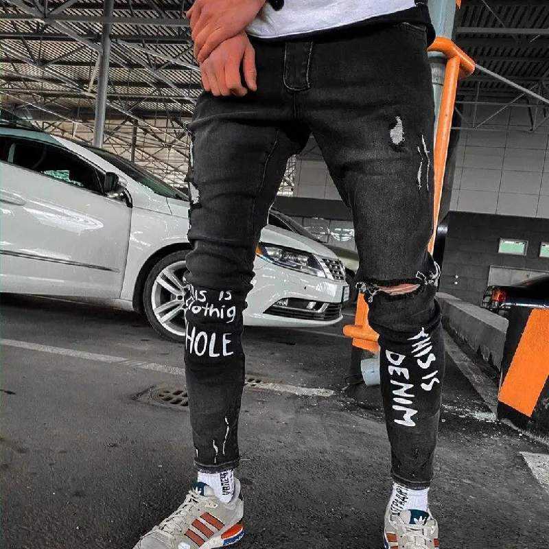 New Fashion Men Jeans Letter Print Worn Hole Elastic Slim Mens Denim Pants Pencil Pants Boyfriend Jeans 90s Denim Jeans for Men