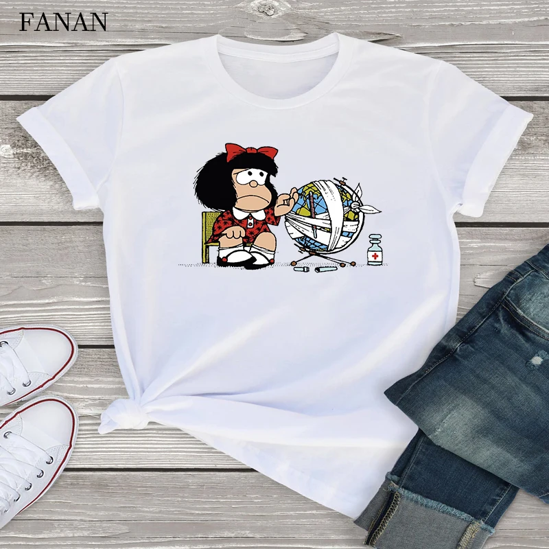 

Mafalda T-shirt Women Summer harajuku casual short sleeve T-shirts Streetwear O-Neck White Tops Tee 90s Top tshirt Femme Tshirts
