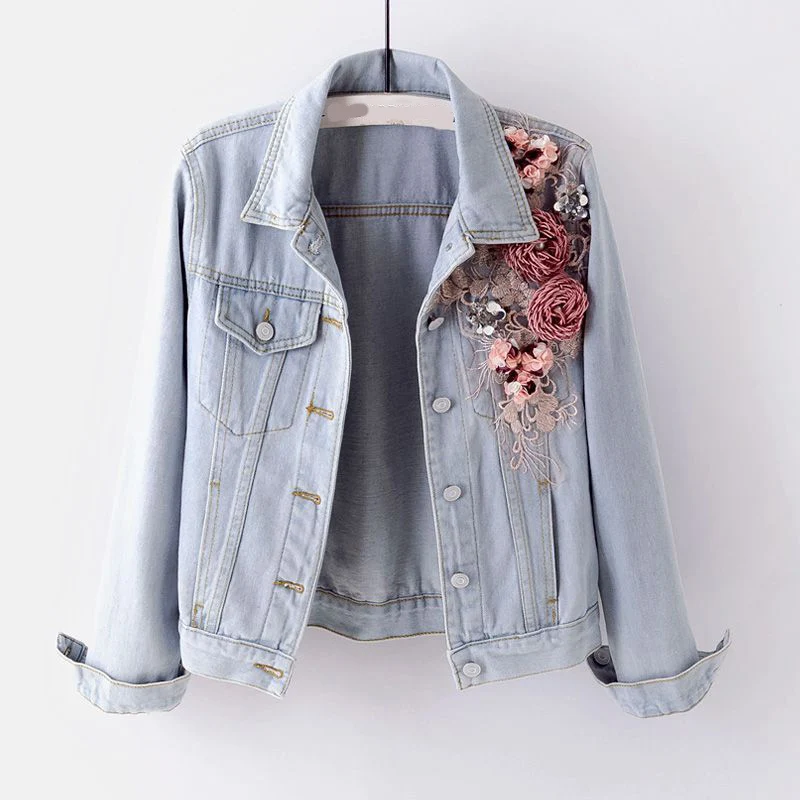 Джинсовое короткое пальто для женщин весна новинка Цветочная вышивка бисером