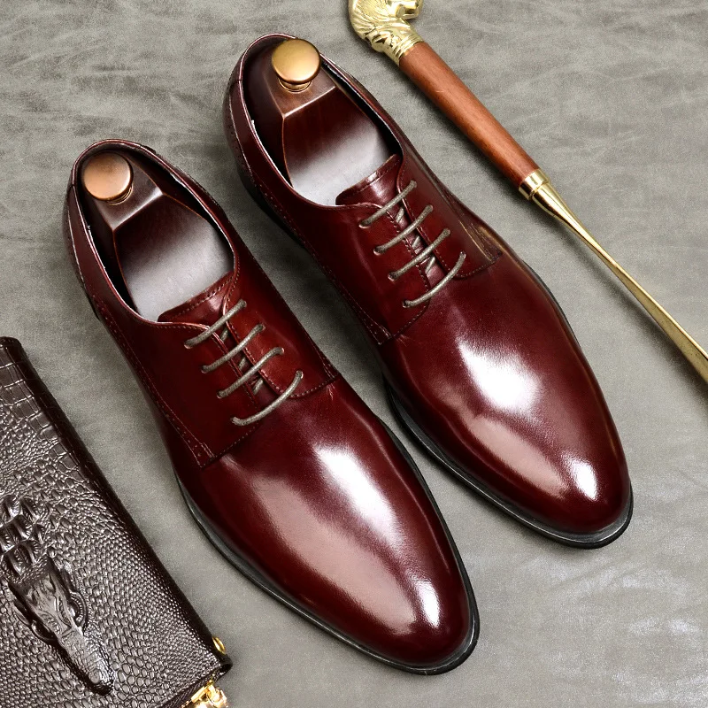 Elegant Men Genuine Leather Oxford Wedding Business Mens Dress Flats Shoes 2020 Back Burgundy Vintage Pointed Shoes For Men