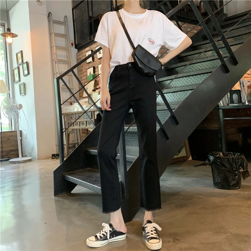 

DD021 Spring new Korean version of thin and tall black nine-point pants trendy straight high-waisted jeans