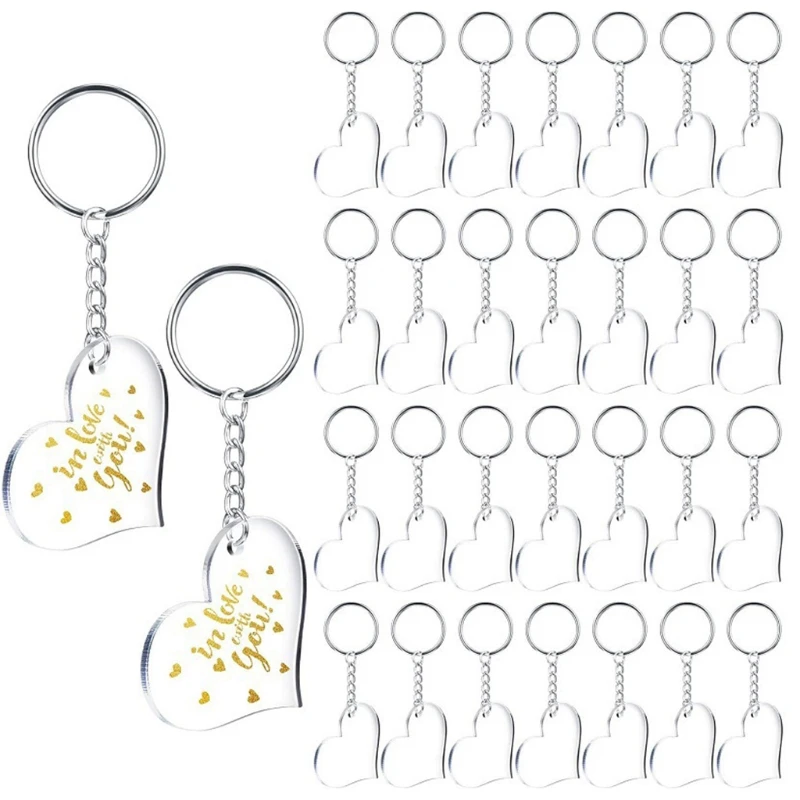 

30 Blanks Clear Acrylic Blanks Heart Shape Plain Acrylic and 30 Pieces Key Chain Metal Key Rings for DIY Projects Crafts