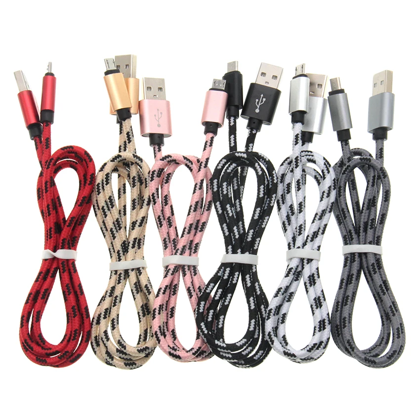 50pcs/lot Nylon Braided Fabric Micro USB Cable 1M 3FT 2A USB Charging Cable For Samsung Galaxy S7 Edge S6 Edge LG Cell phones